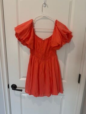 American Threads Puff-Sleeve Cotton Dress in Coral